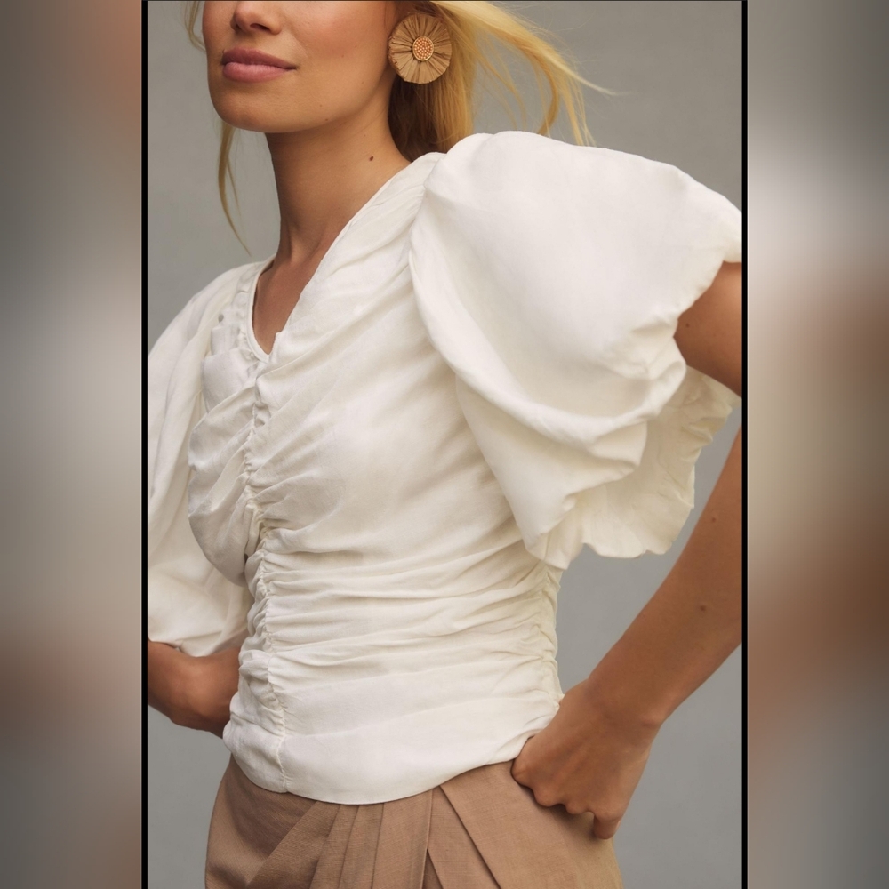 NWT Pilcro Ruched Puff-Sleeve Top Anthropologie White Blouse Size Medium
